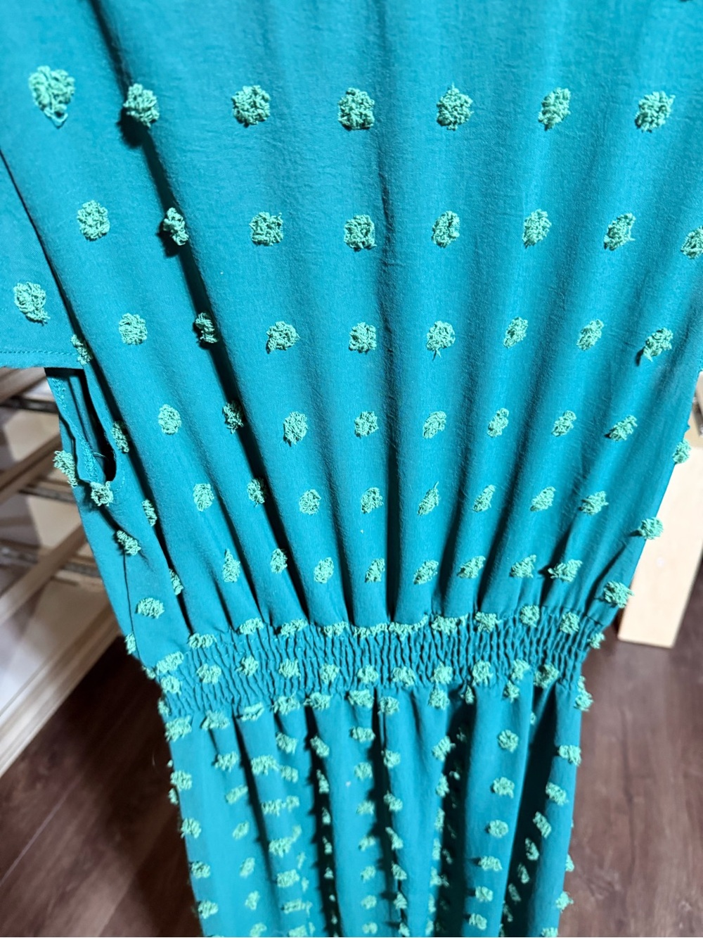 Smocked Waist Green Maxi Dress with Textured Dot Detail - Picture 4 of 6